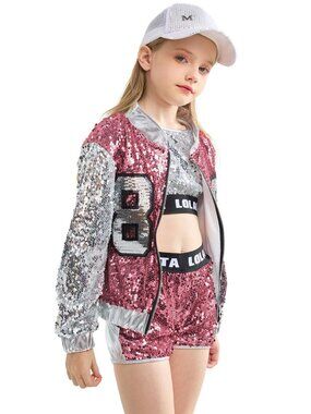 Lolanta Girls Sequin Dance Costume Pink Silver Hip Hop Set Sz 130 (Girls S) EUC